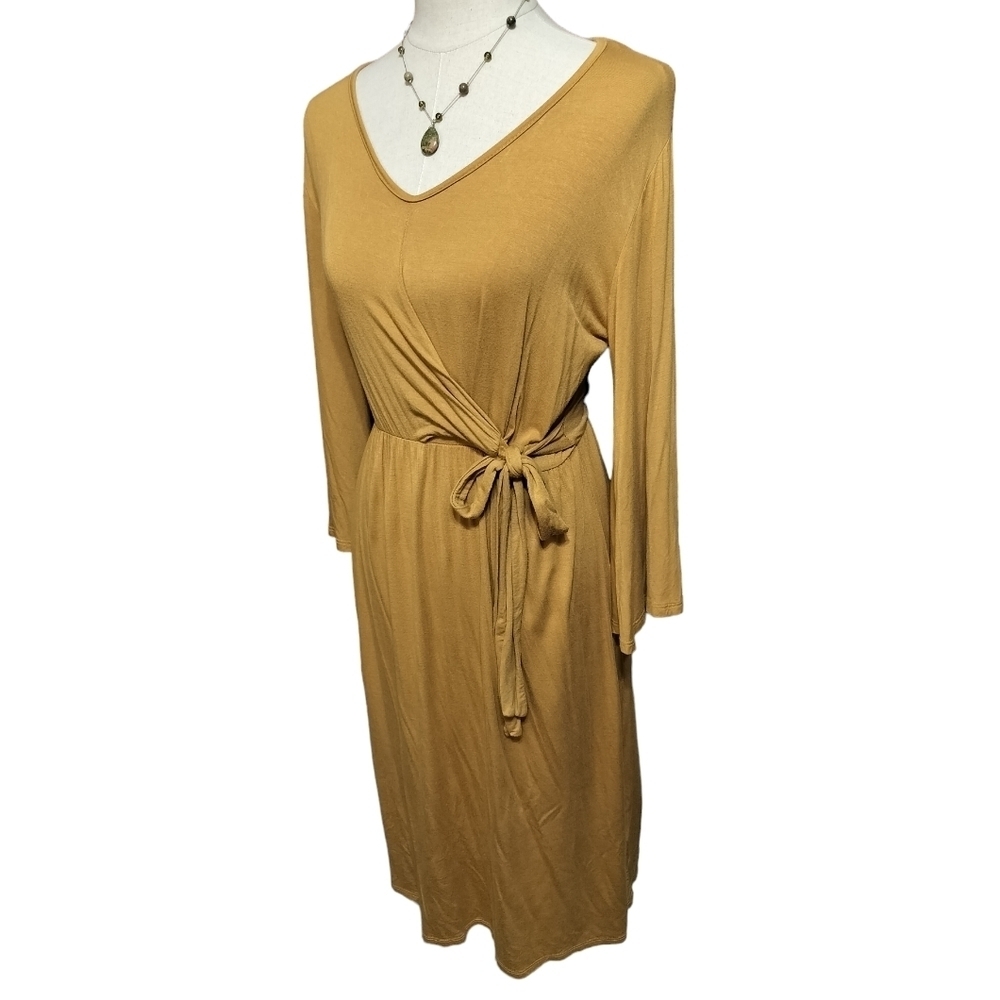 2250) Roolee Gold Mock Wrap 3/4 Bell Sleeve Pullover Dress Size Medium - Picture 1 of 9